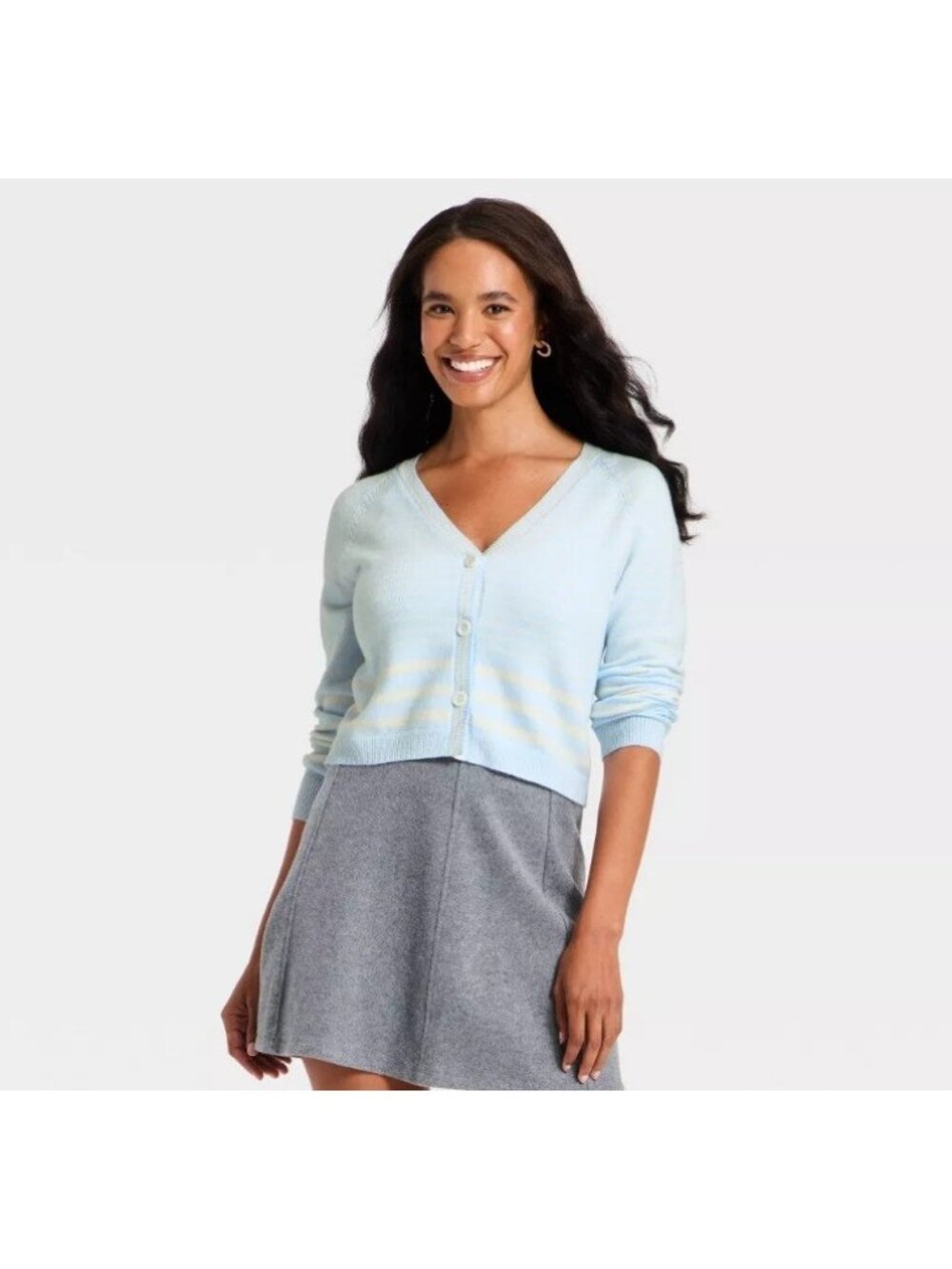 A New Day Women's Striped V-Neck Cardigan Sweater Blue Cream Size L NWT